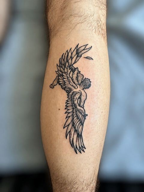 Winged figure in black linework on the forearm